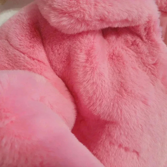 Faux Fur Cropped Bomber Jacket Pink Fluffy Coat Warm Winter Outerwear - Picture 8 of 9